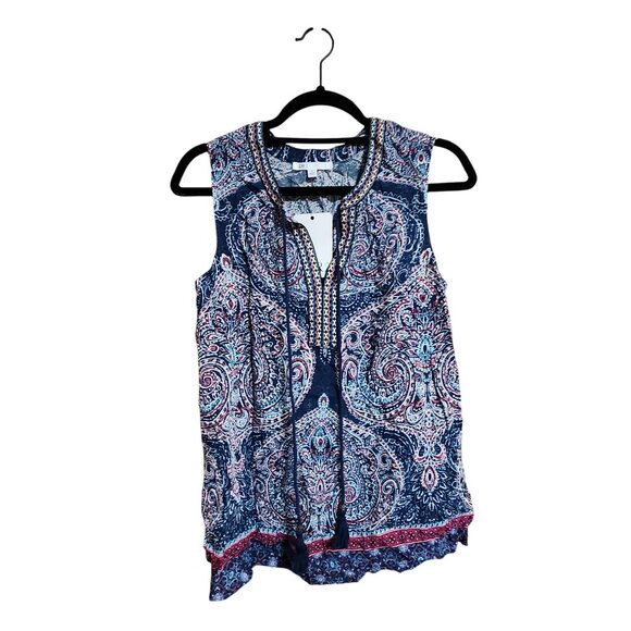 DR2 Womens Sleeveless Paisley Print Top With Embroidered Neckline - M NWT - Picture 1 of 3